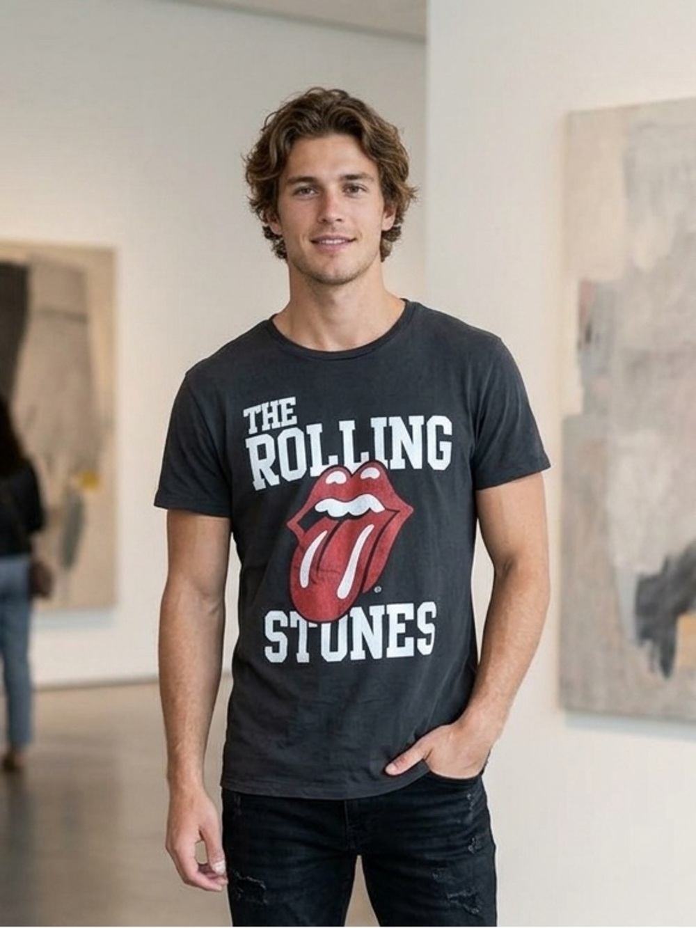 Divided Black Rolling Stones Graphic Tee with Red Tongue Logo